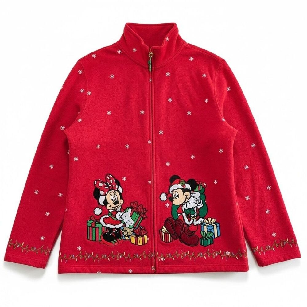 Disney Parks Fleece Jacket Size XL Red Full Zip Christmas Patch Mickey Donald